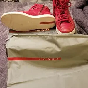 Prada | Shoes | Prada Red Sneaker Boot W Grey Draw String  display picture 1